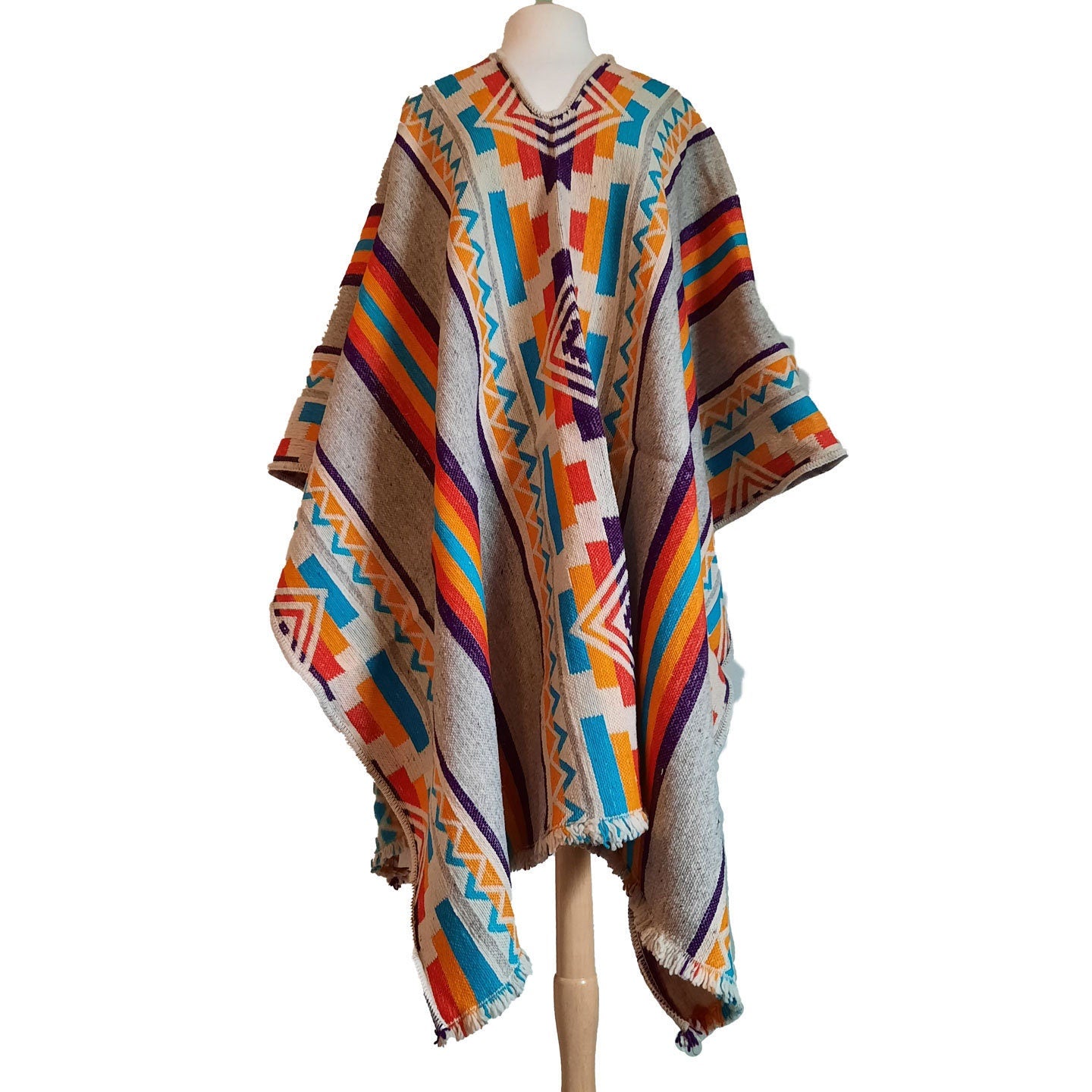Sheep Wool Poncho | Beige Colorful