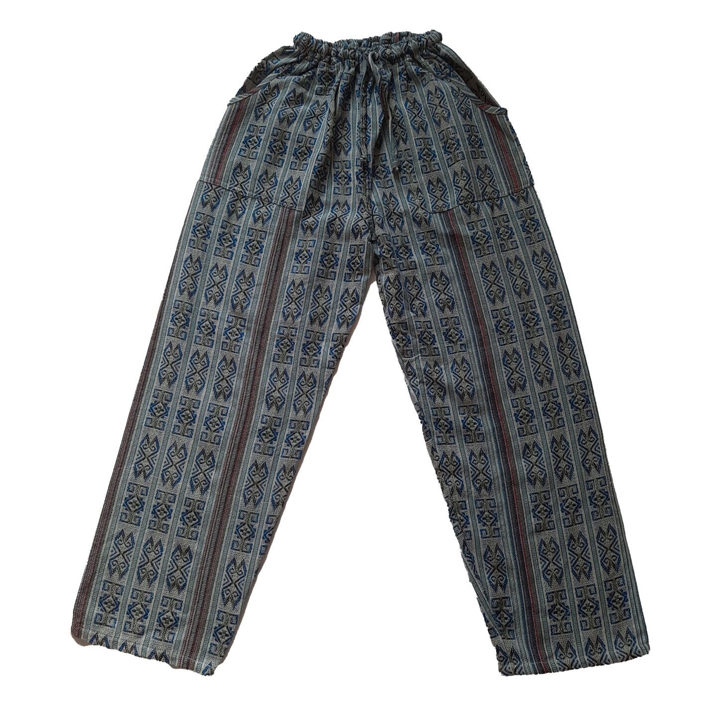 Woven Cotton Pants Size L | Mens Hippie Pants | Blue White Womens Pants with 4 Pockets | Loungewear
