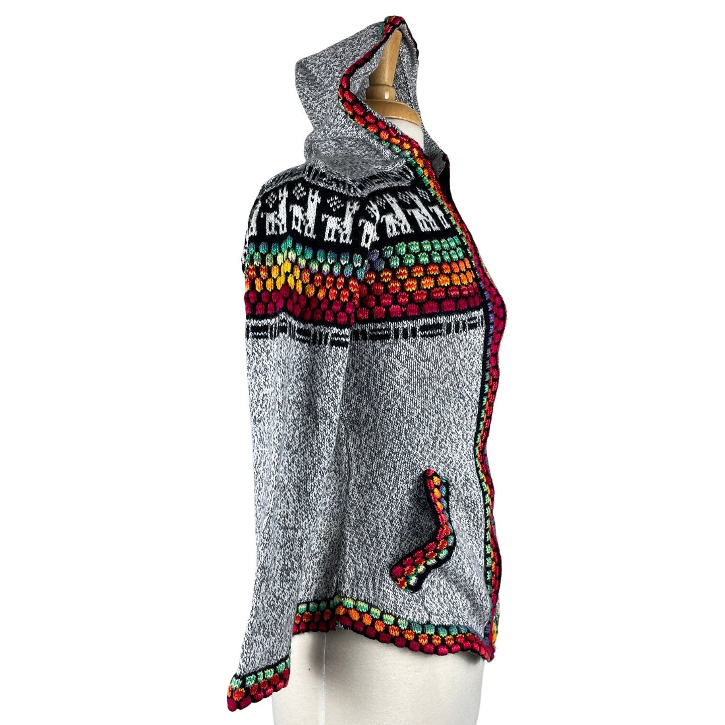 Soft Hooded Alpaca Sweater | Light Gray Colorful