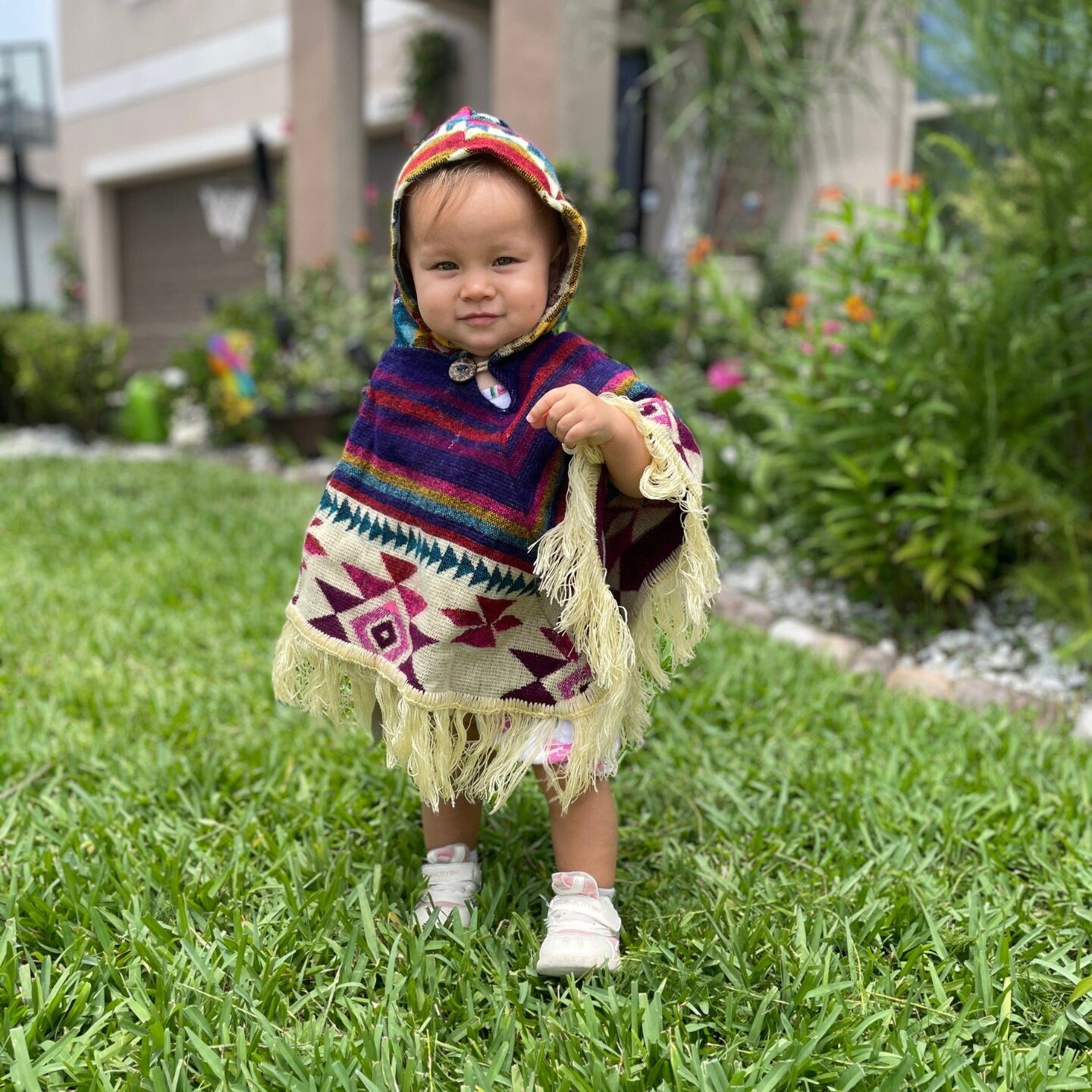 Hooded Alpaca Wool Baby Poncho 0-12 months | Kids Overcoat | Maroon Beige