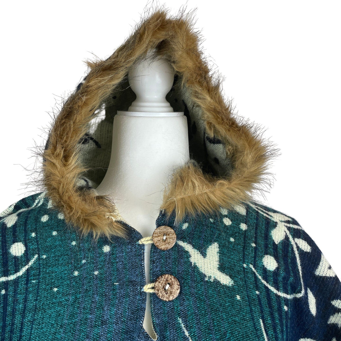 Tree of Life and Sun Warm Faux Fur Hoodie Poncho | Dusty Blue