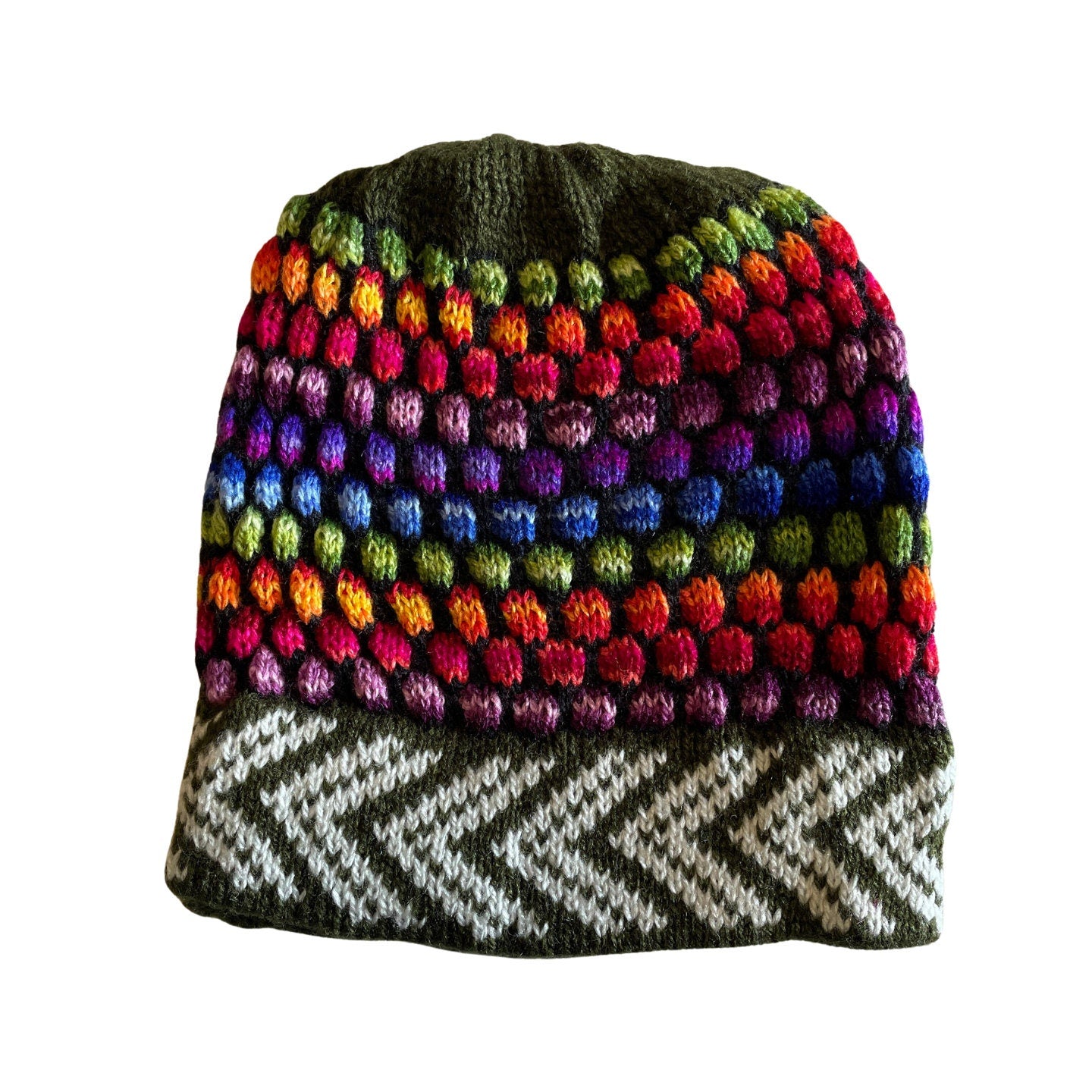 Olive Colorful Knitted Alpaca Beanie Hat  - One size
