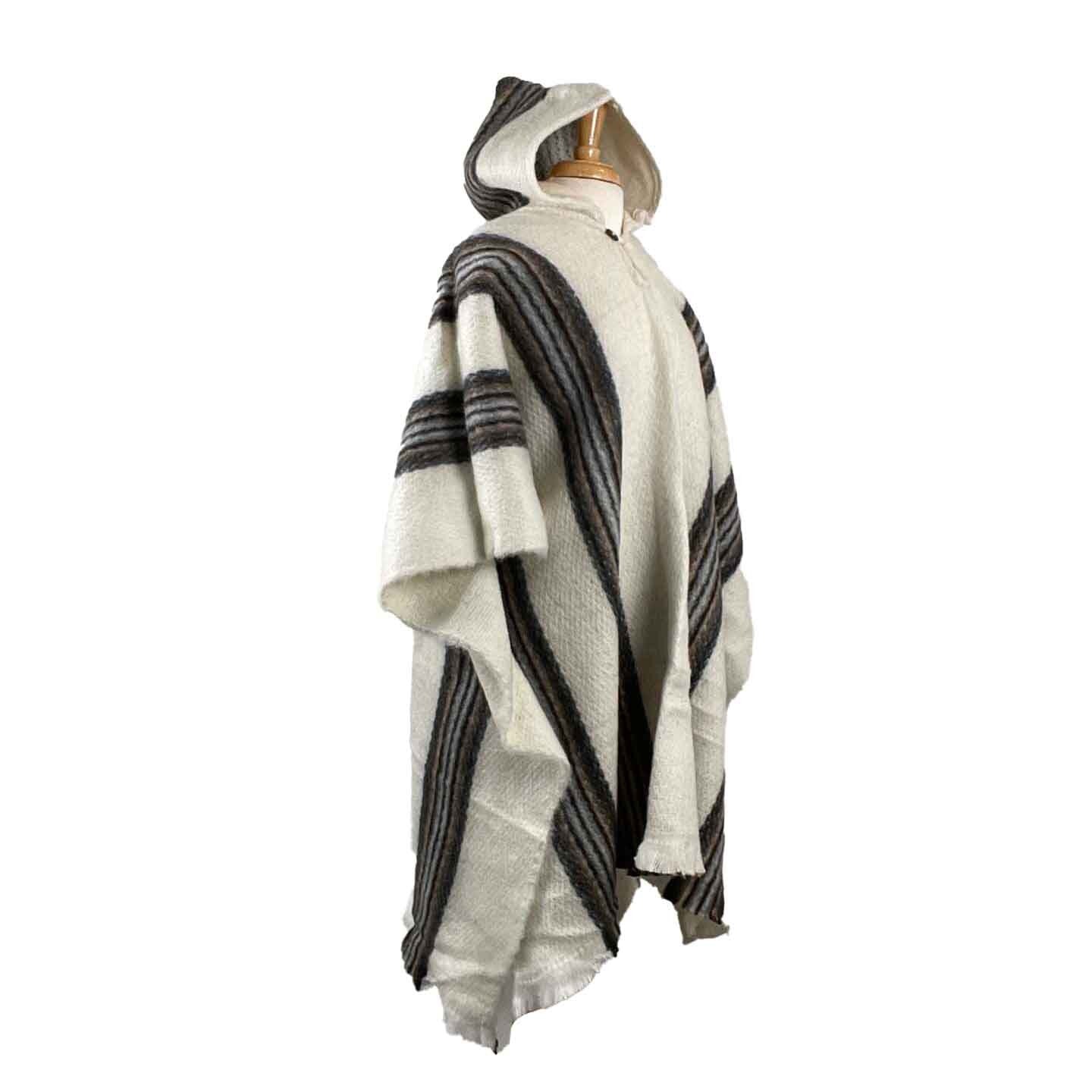 White Brown Hooded Wool Weighted Poncho