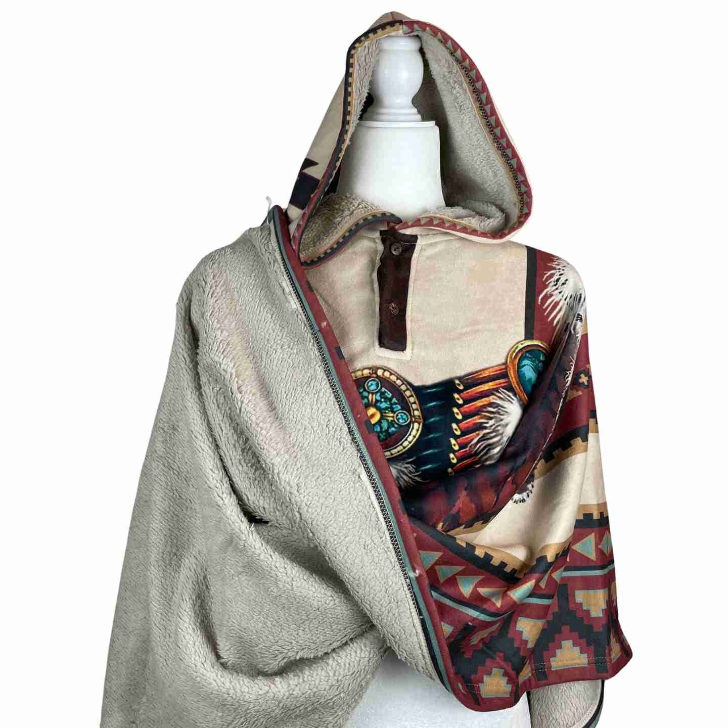 Unisex Sherpa Hooded Poncho - Feathers Tan Black