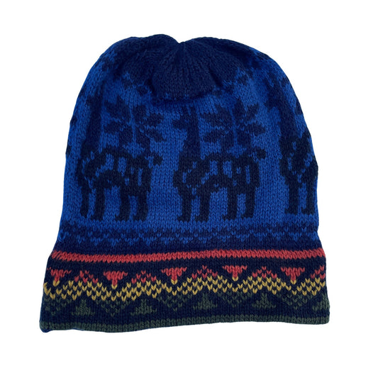Knitted Alpaca Beanie Hat | Llama Navy Neon Blue