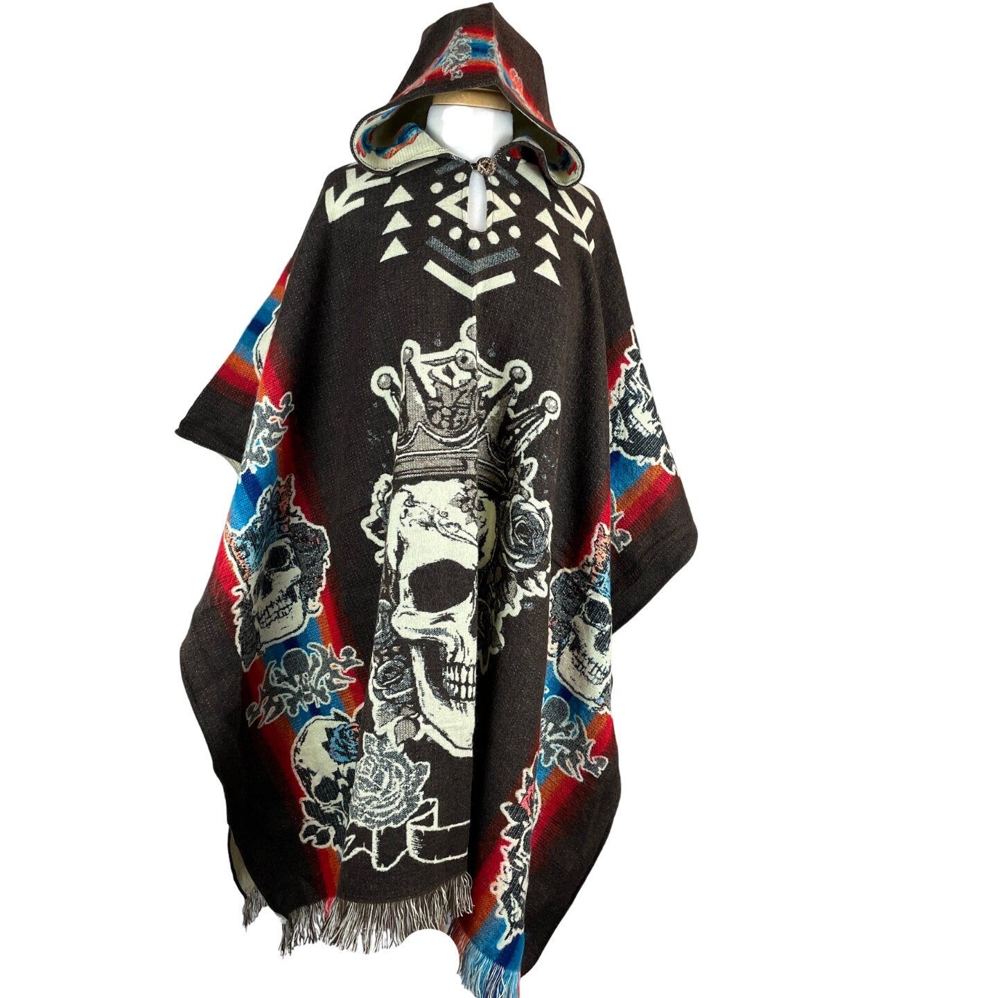 Skeleton King Skull Mens Poncho Hoodie | Black - Brown - Gray - Teal