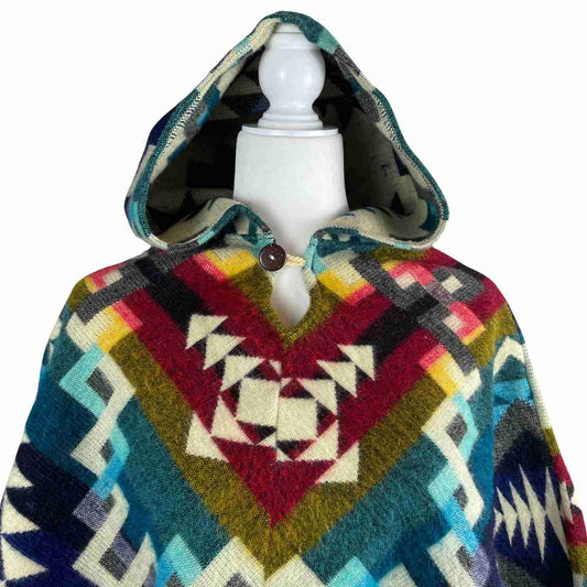 Warm Cozy Boho Alpaca Wool Hooded Poncho - Winter Soft Outerwear for Women, Royal Blue Colorful V Style Cape with Tassels
