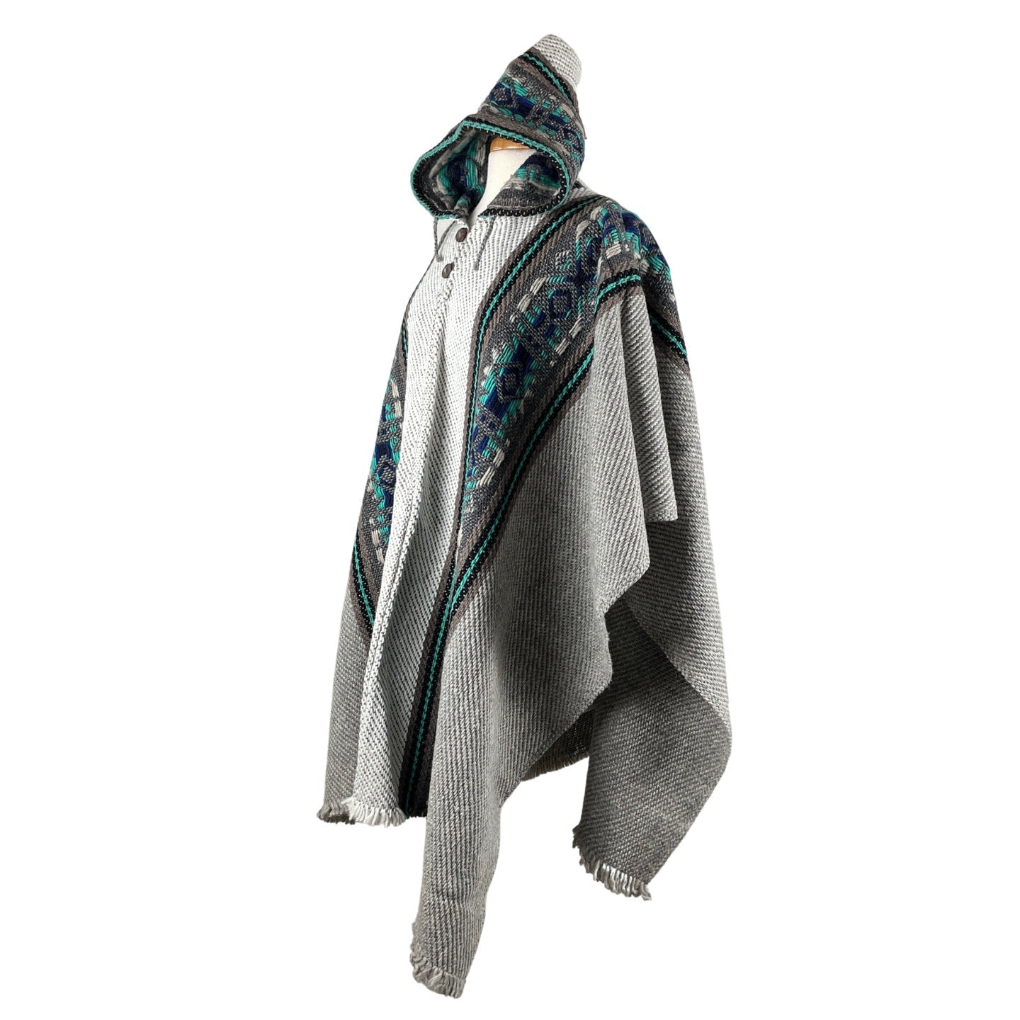Weighted Hippie Hooded Sheep Wool Poncho | Silver Gray Turquoise