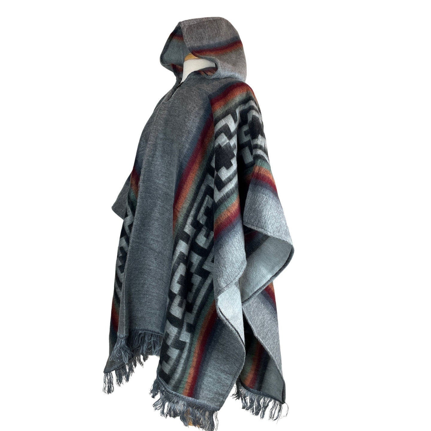 Warm Hooded Poncho Women | Gray Wine Orange