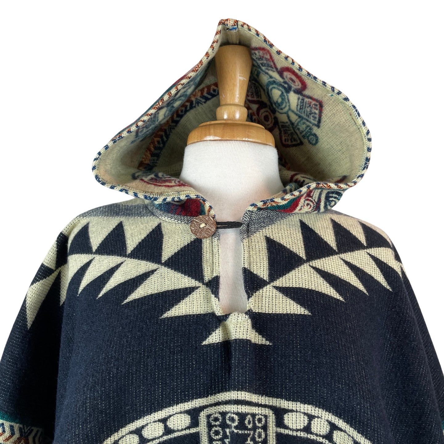Warm Hooded Aztec Calendar Poncho | Navy Beige