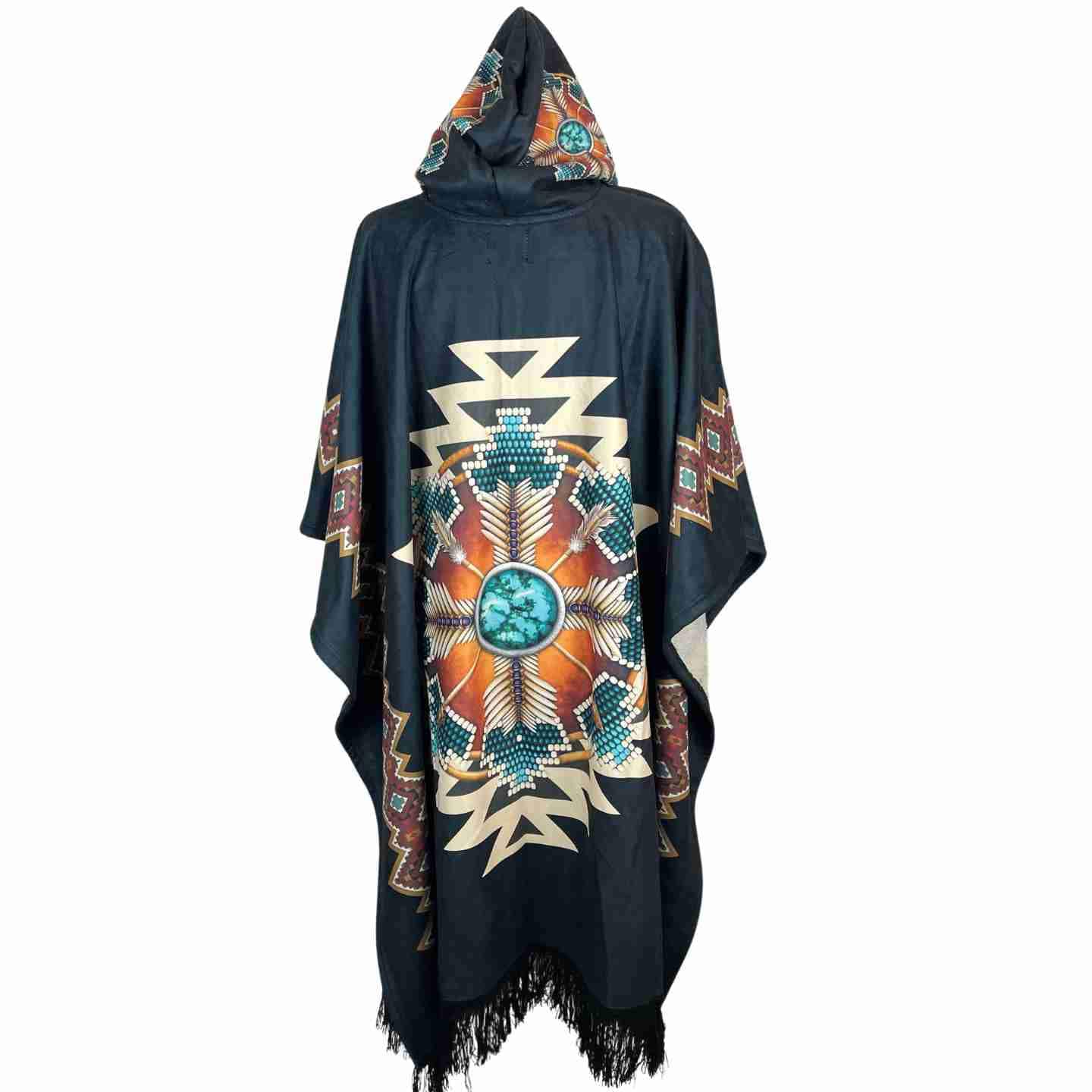 Cozy Unisex Sherpa Hooded Poncho - Black with Circle of Feathers
