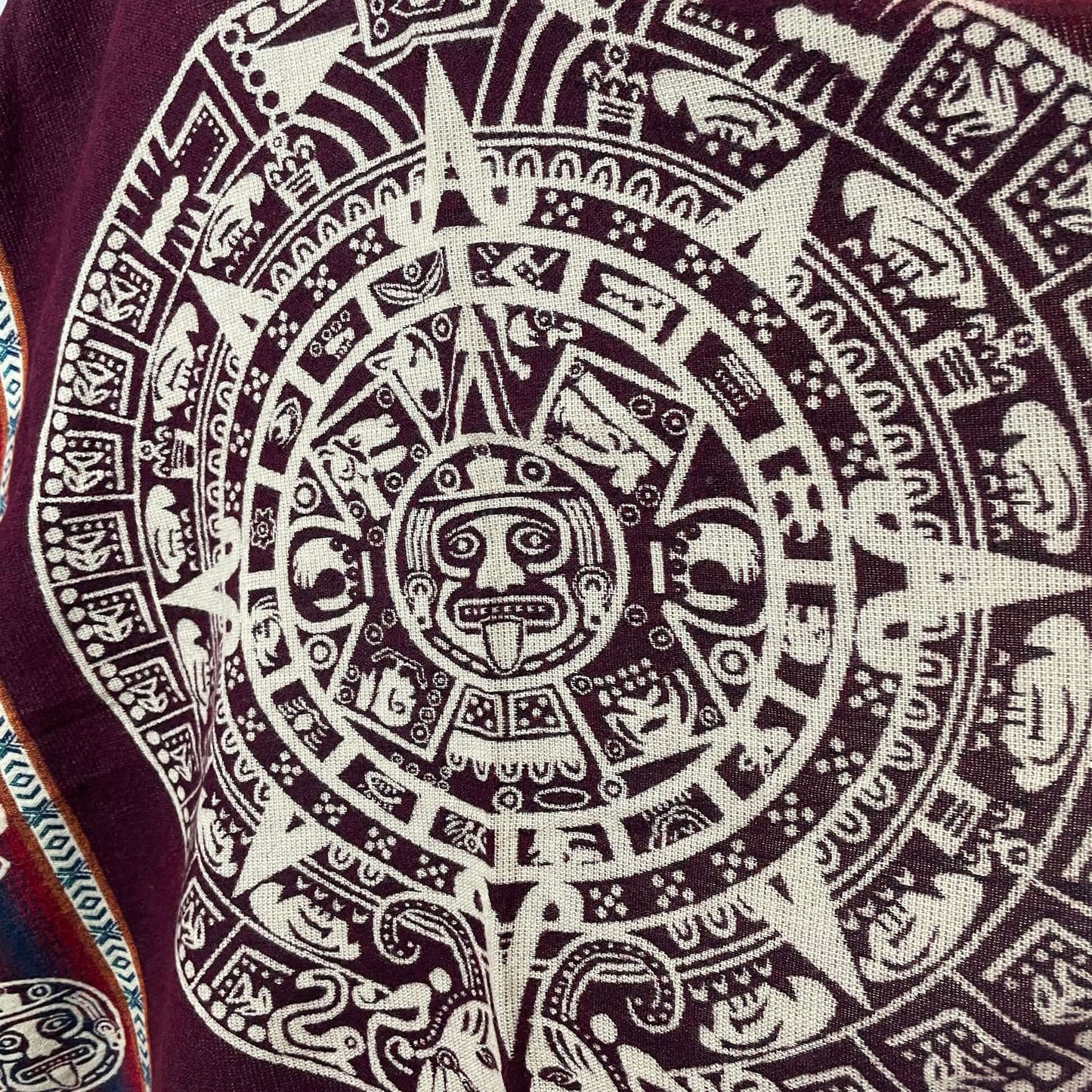 Warm Hooded Unisex Aztec Calendar Poncho | Wine Beige