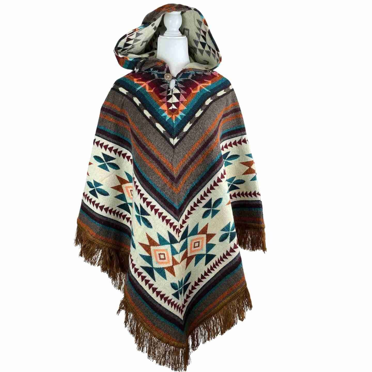 Warm Cozy Boho Alpaca Wool Hooded Poncho - Winter Soft Outerwear for Women, Gingerbread Beige V Style Cape with Tassels