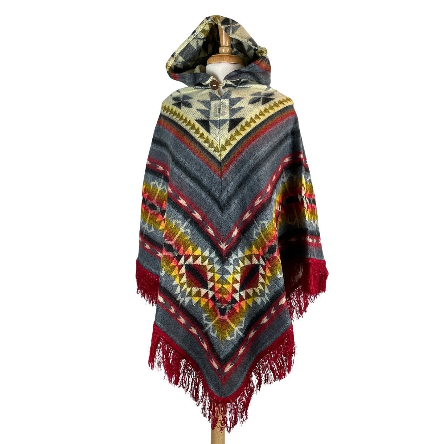 V-Shaped Alpaca Hooded Poncho | Gray Beige Red Colorful