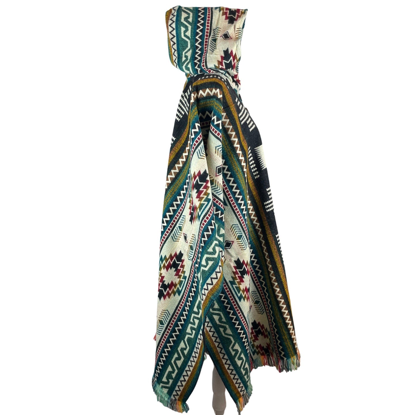 Warm Alpaca Wool Poncho Hoodie | Black Green Beige