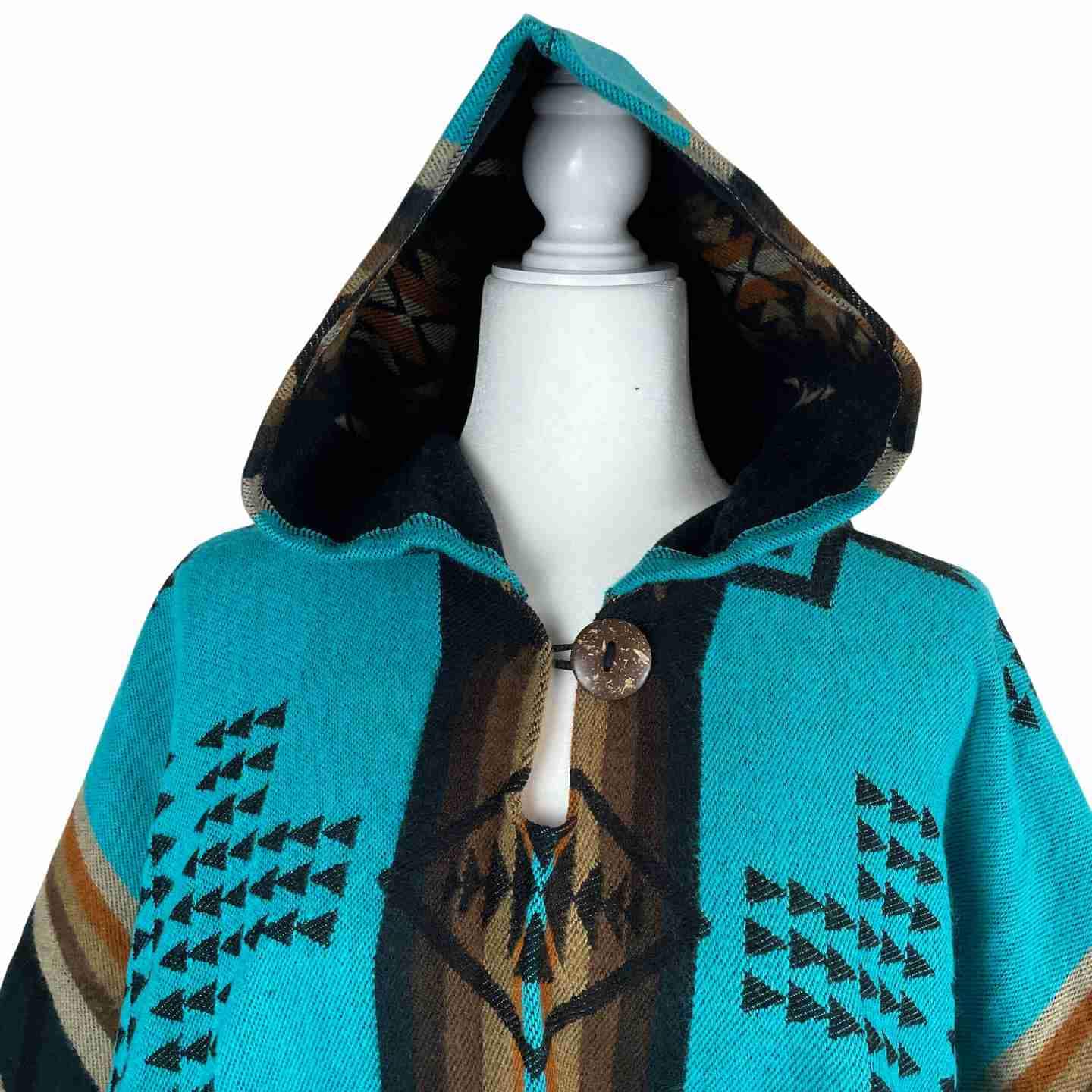 Versatile Mens and Womens Hooded Poncho | Dark Turquoise Tan Brown