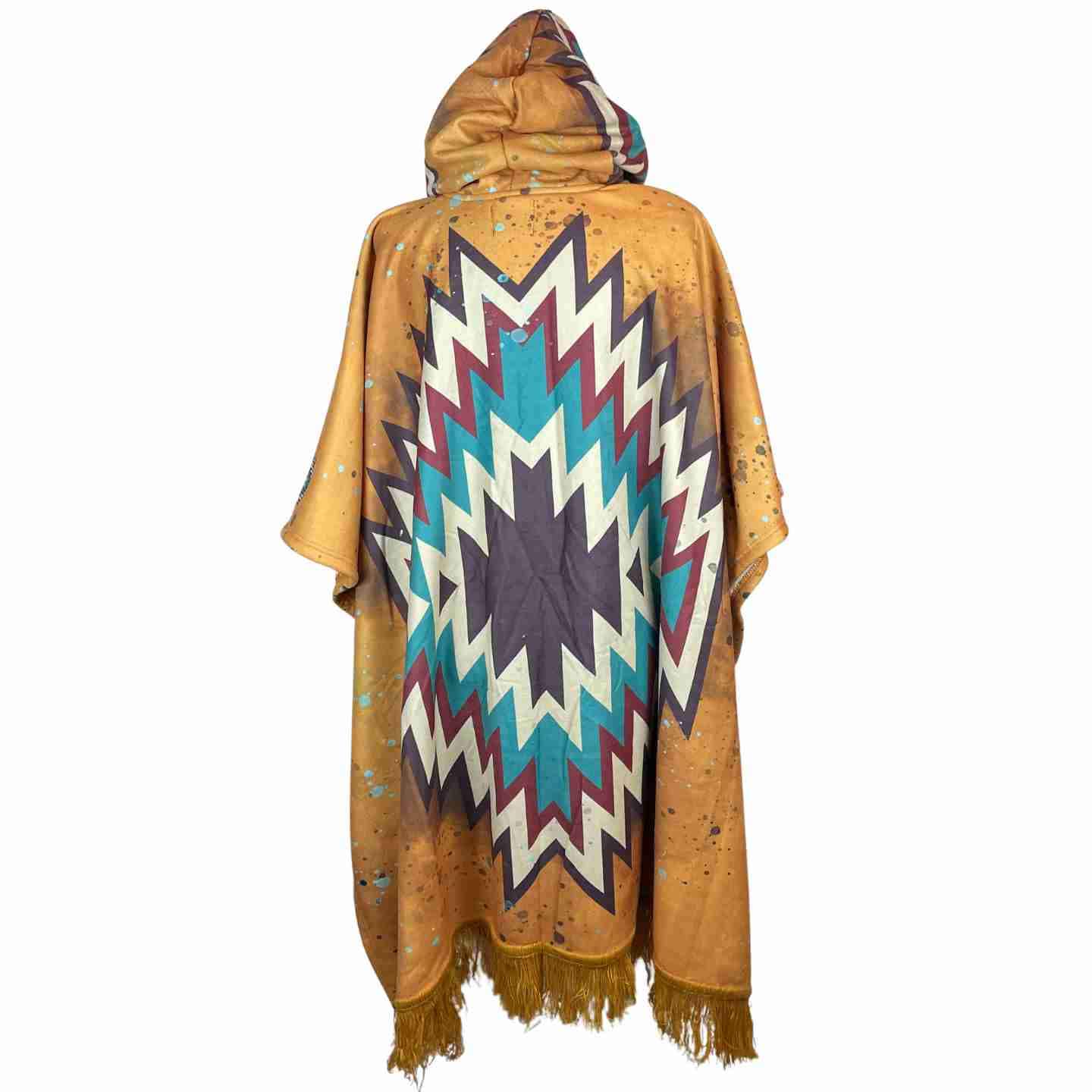 Cozy Unisex Sherpa Hooded Poncho - Gray Wolf Mustard Turquoise