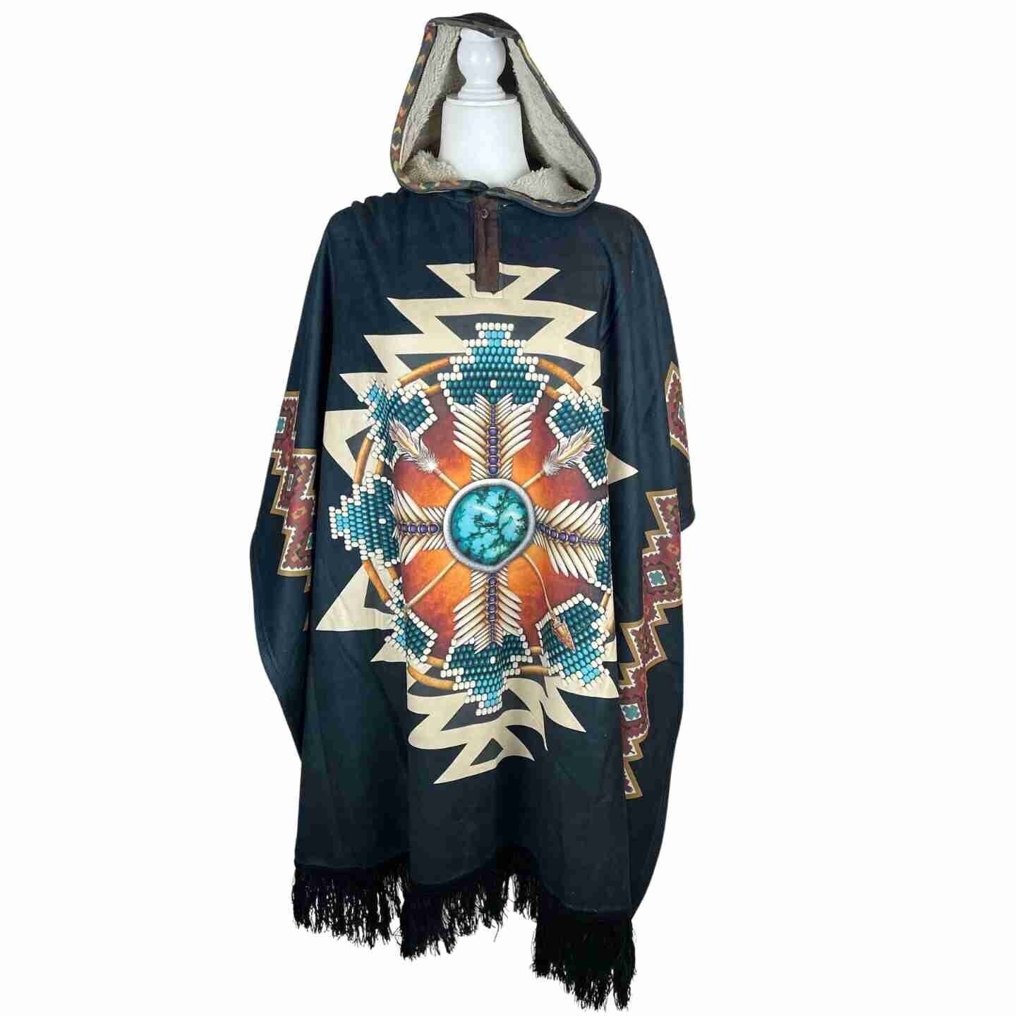 Cozy Unisex Sherpa Hooded Poncho - Black with Circle of Feathers