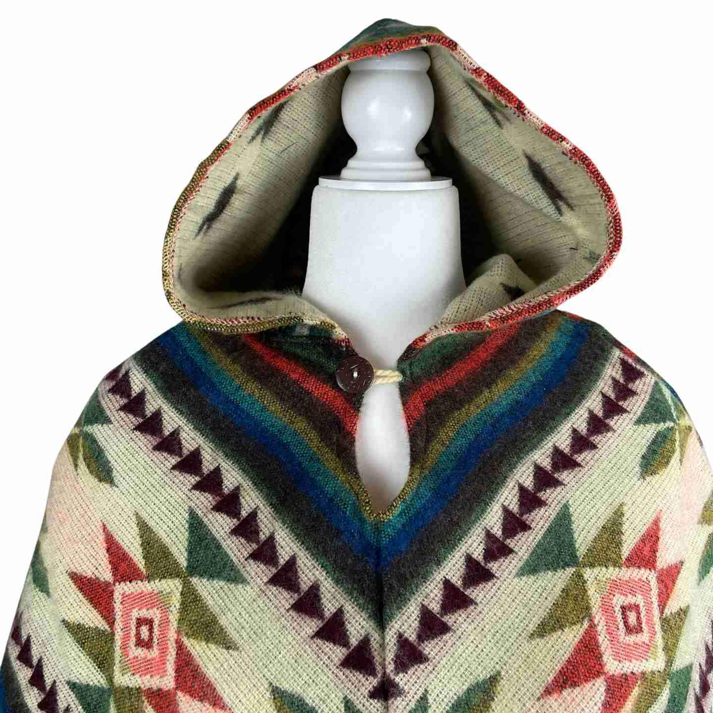 Warm Hippie-inspired Woolen Hooded Poncho - Lightweight Soft Winter Outerwear for Women, Beige Green V Style Cape with Light Blue Tassels