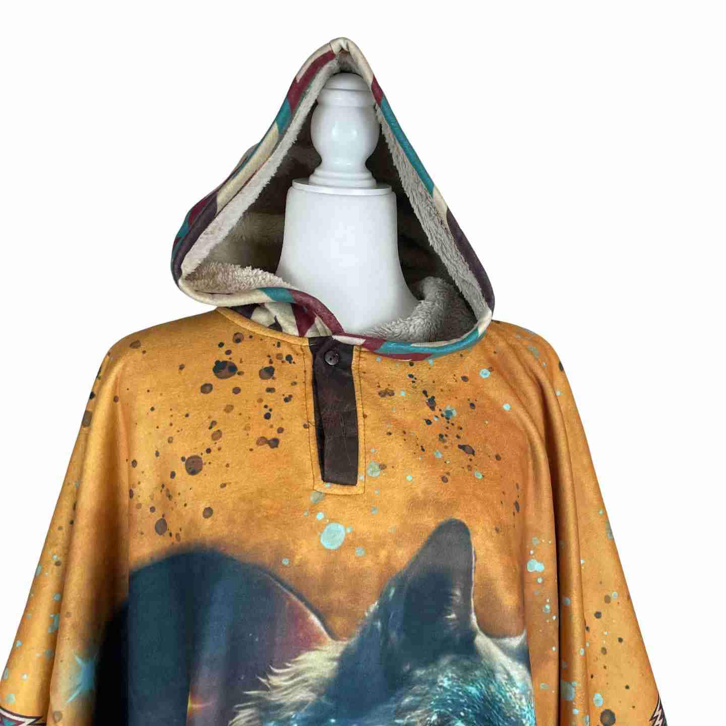 Cozy Unisex Sherpa Hooded Poncho - Gray Wolf Mustard Turquoise