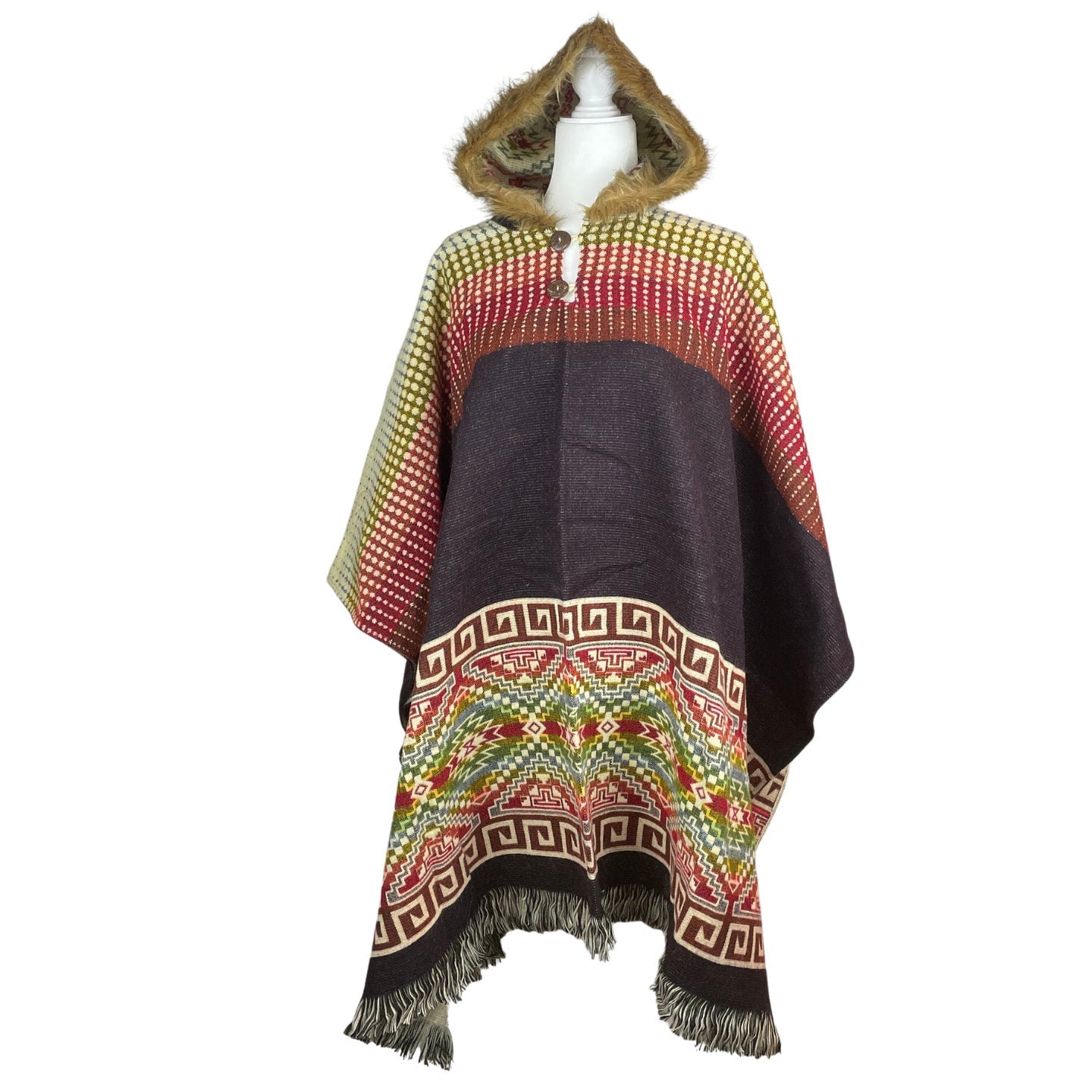 Faux Fur Hooded Hippie Poncho | Dark Maroon Red Beige