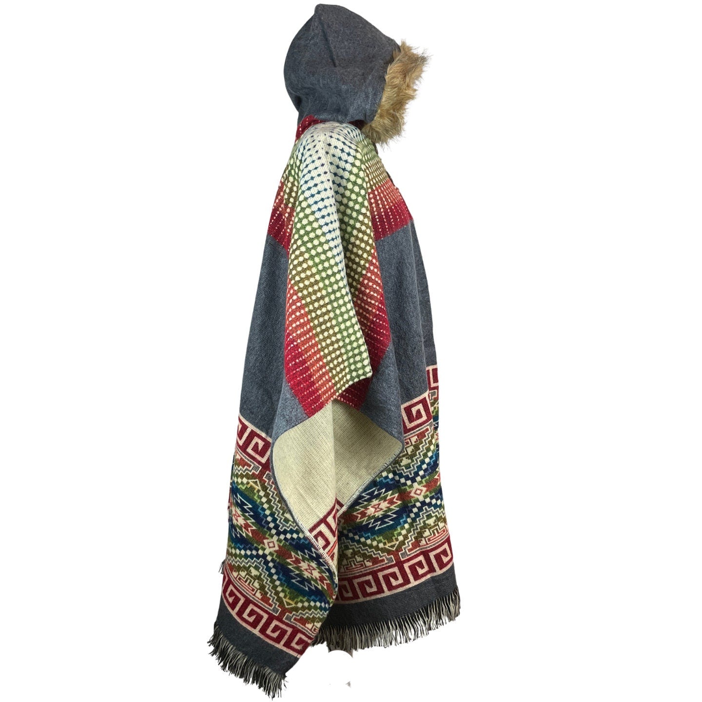 Faux Fur Hooded Hippie Poncho | Gray Olive Red