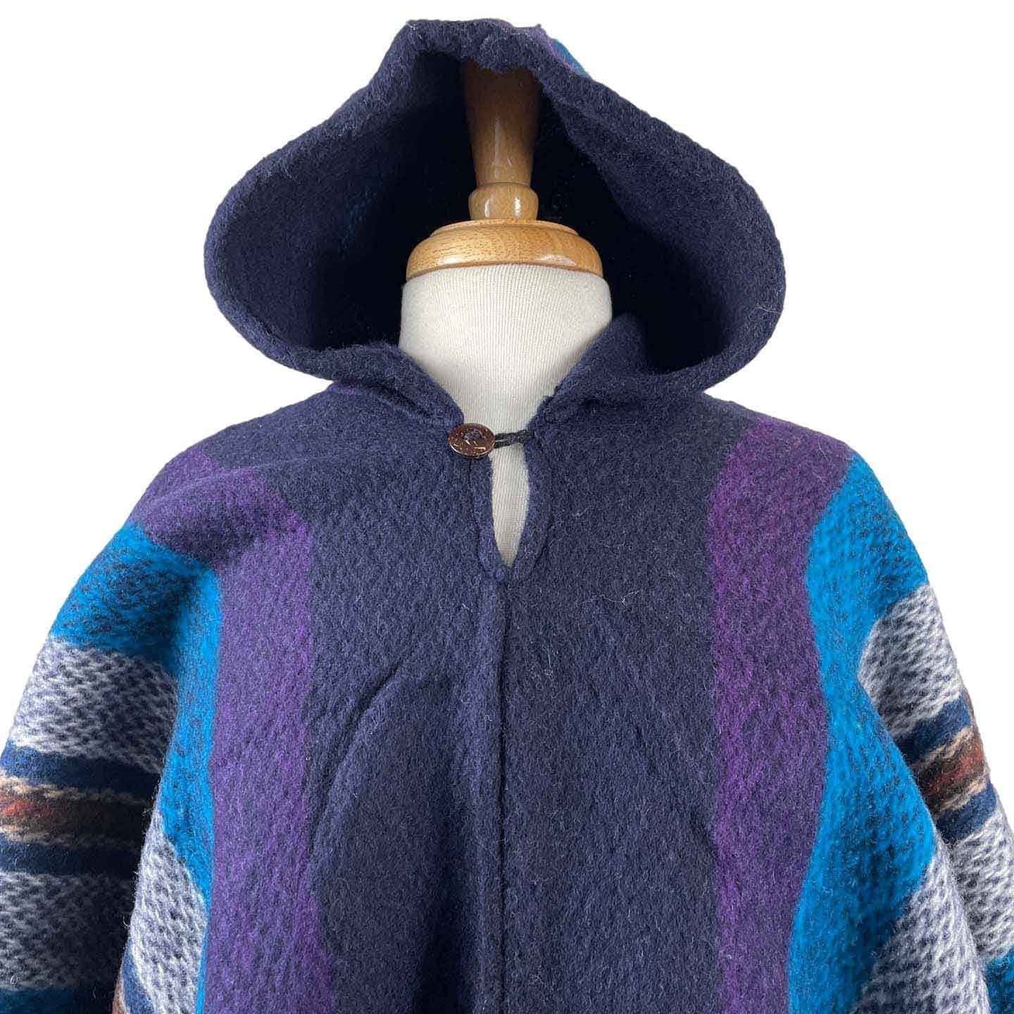 Hippie Hooded Wool Poncho | Navy Purple