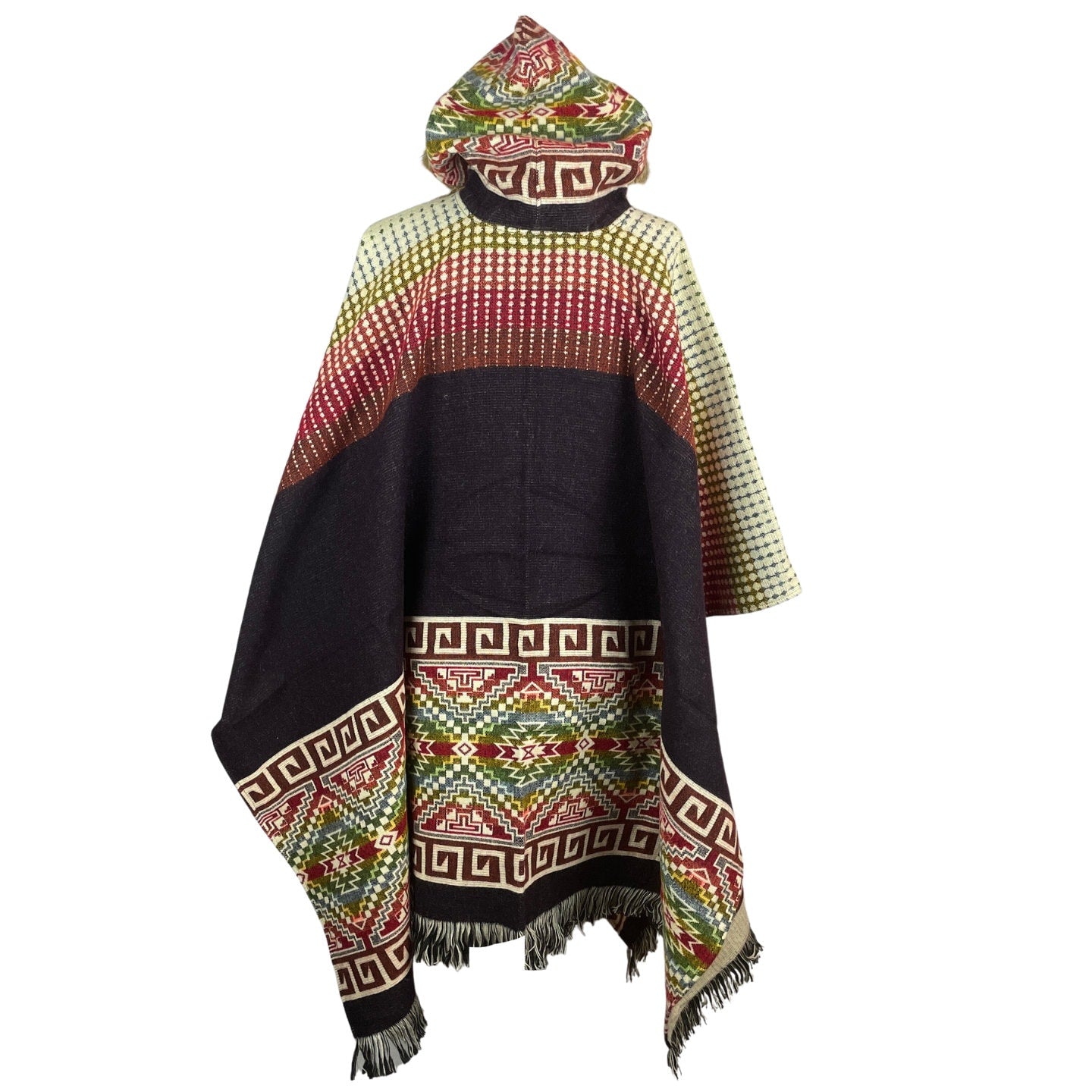 Faux Fur Hooded Hippie Poncho | Dark Maroon Red Beige