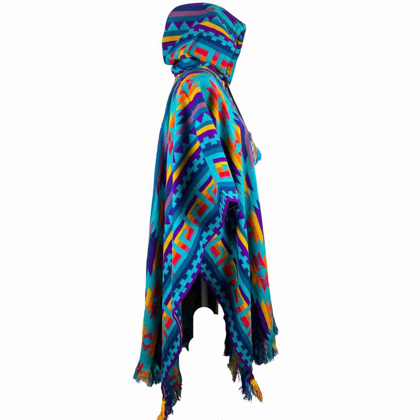 Stylish Men's Hooded Poncho | Teal Yellow Red