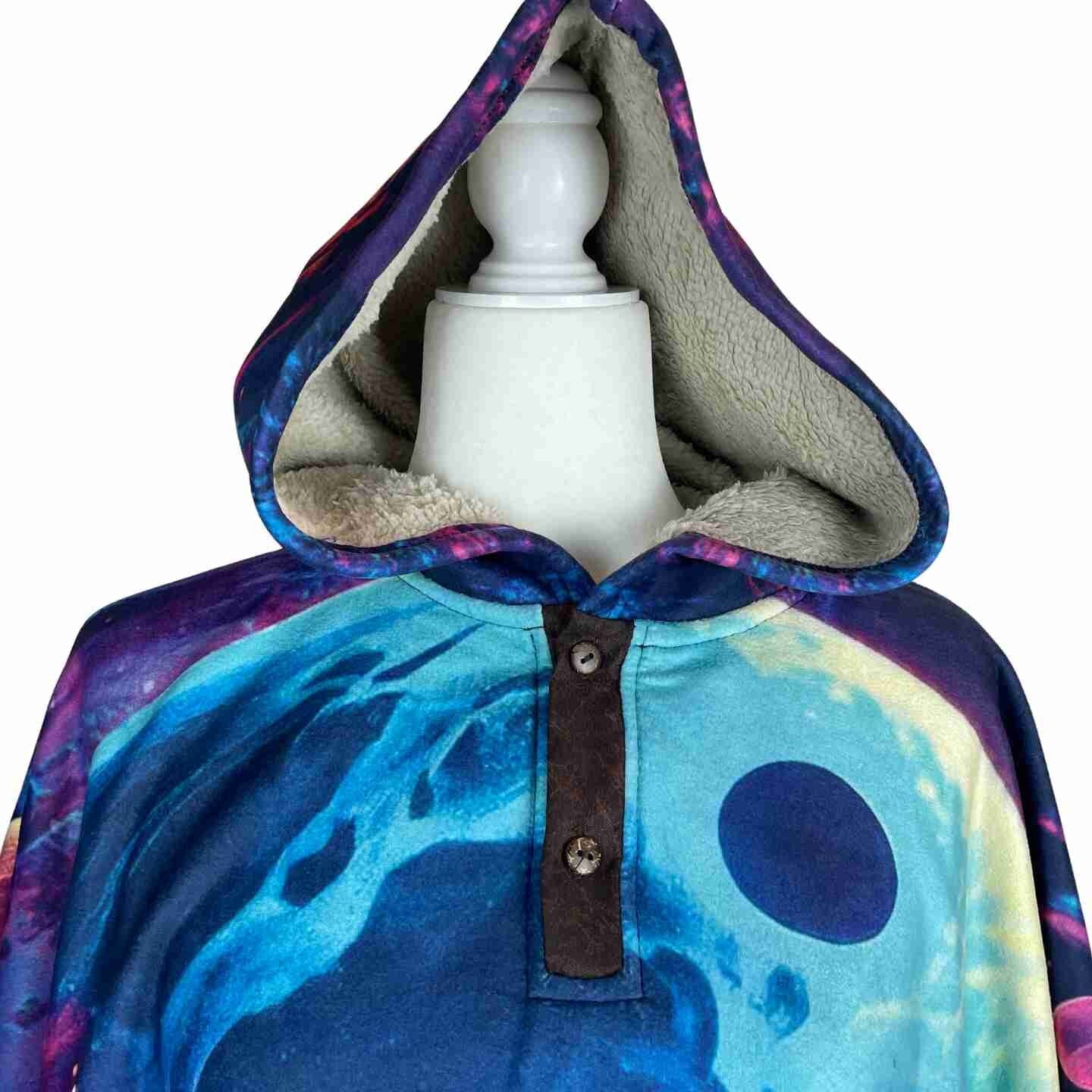 Colorful Mushroom Unisex Sherpa Hooded Poncho - Bright Blue