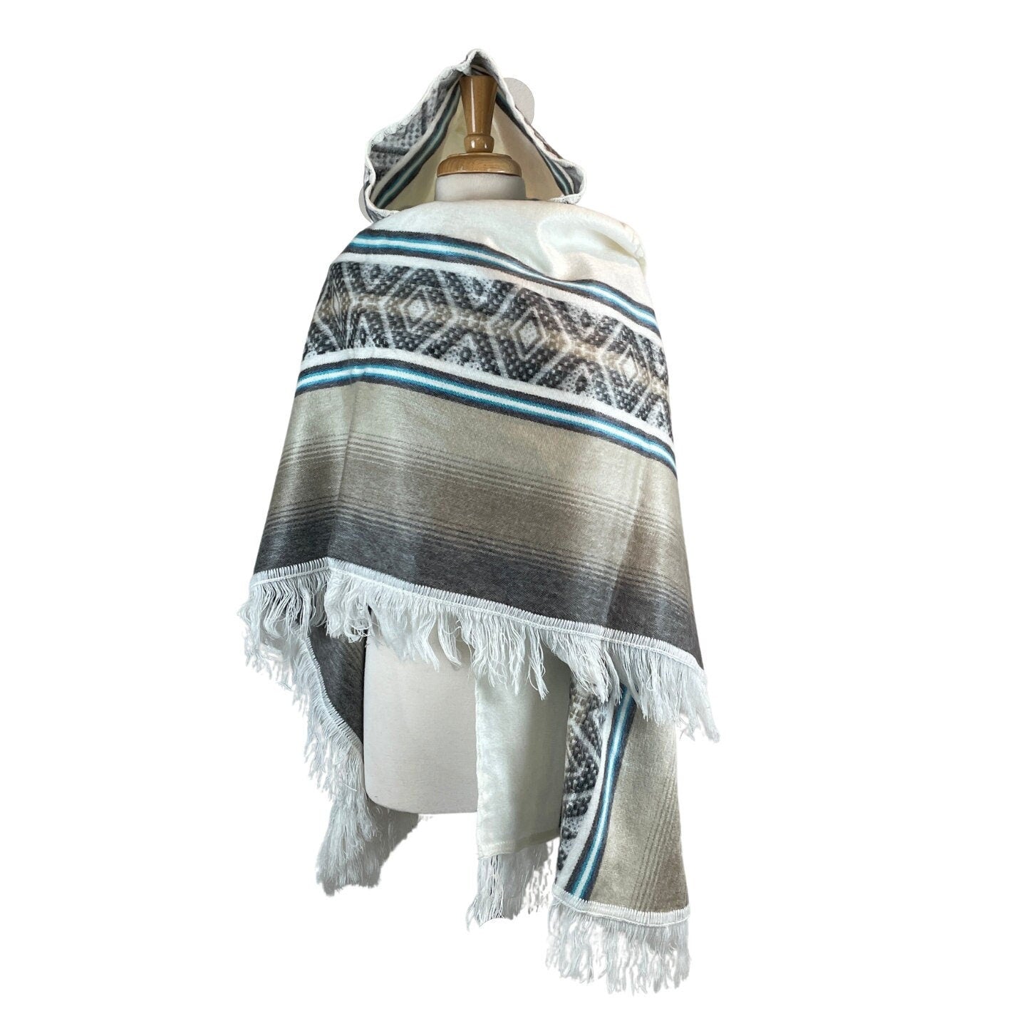 Open Unisex Hooded Poncho | White Brown Stone