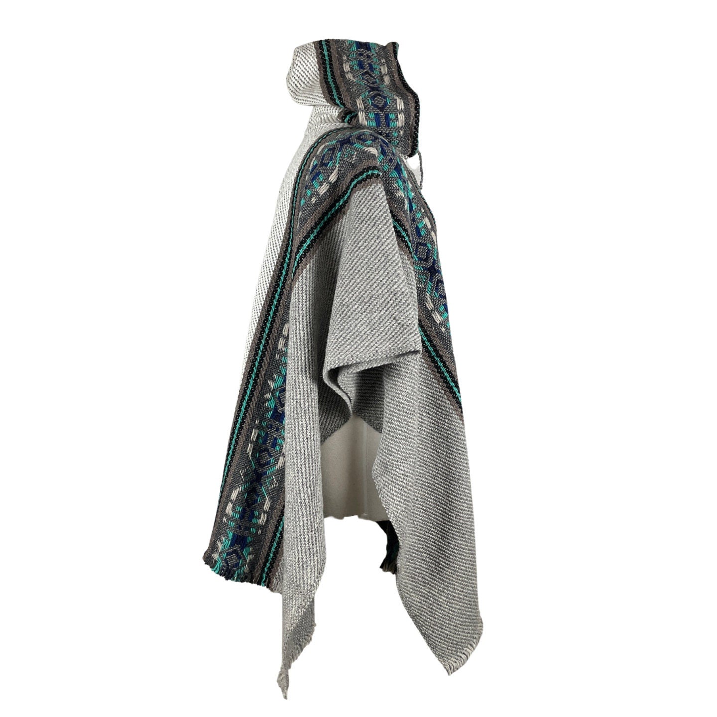 Weighted Hippie Hooded Sheep Wool Poncho | Silver Gray Turquoise