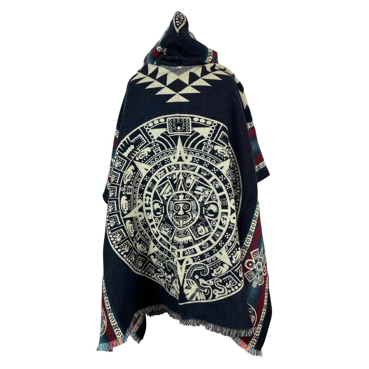 Warm Hooded Aztec Calendar Poncho | Navy Beige