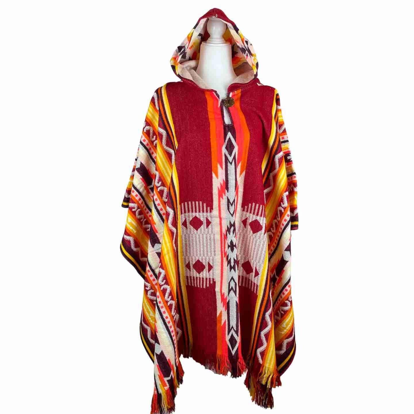 Stylish Unisex Long Overcoat - Wool Poncho Cape | Carmine Red Yellow