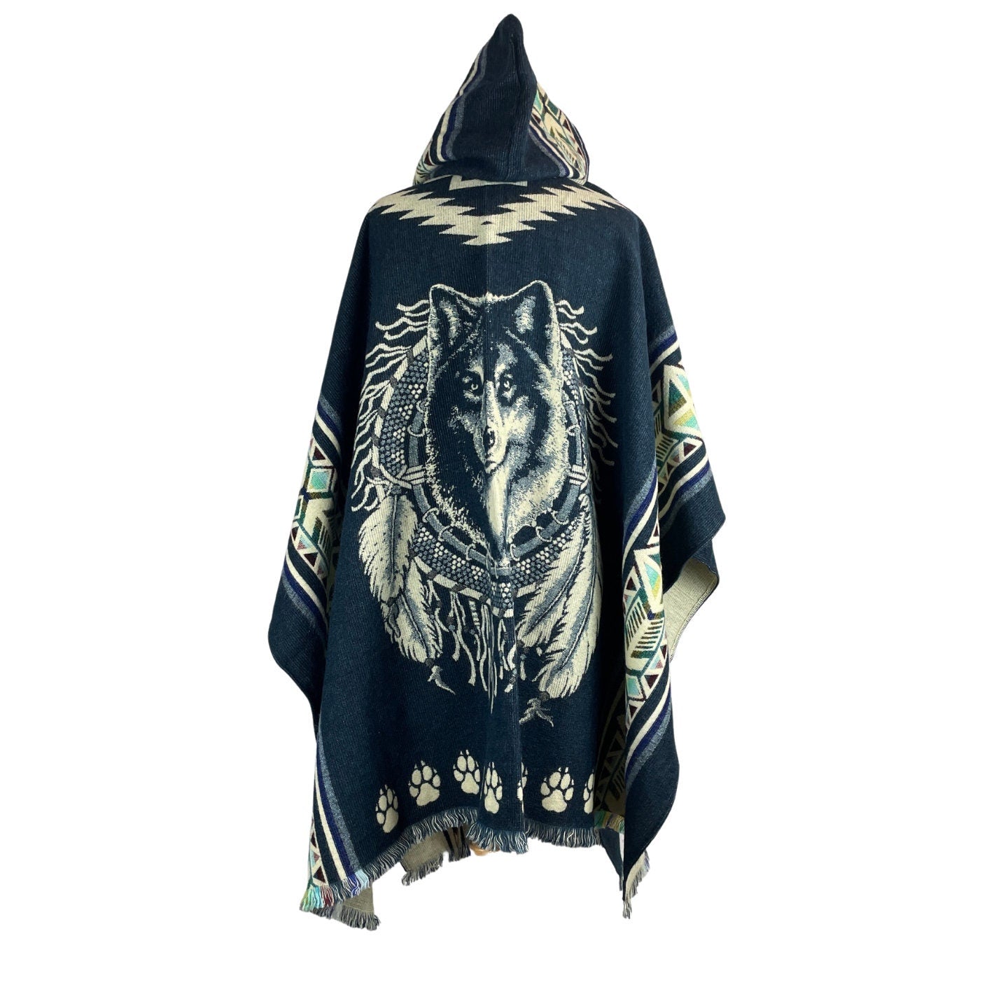 Wolf Dreamcatcher Hooded Poncho | Denim Blue