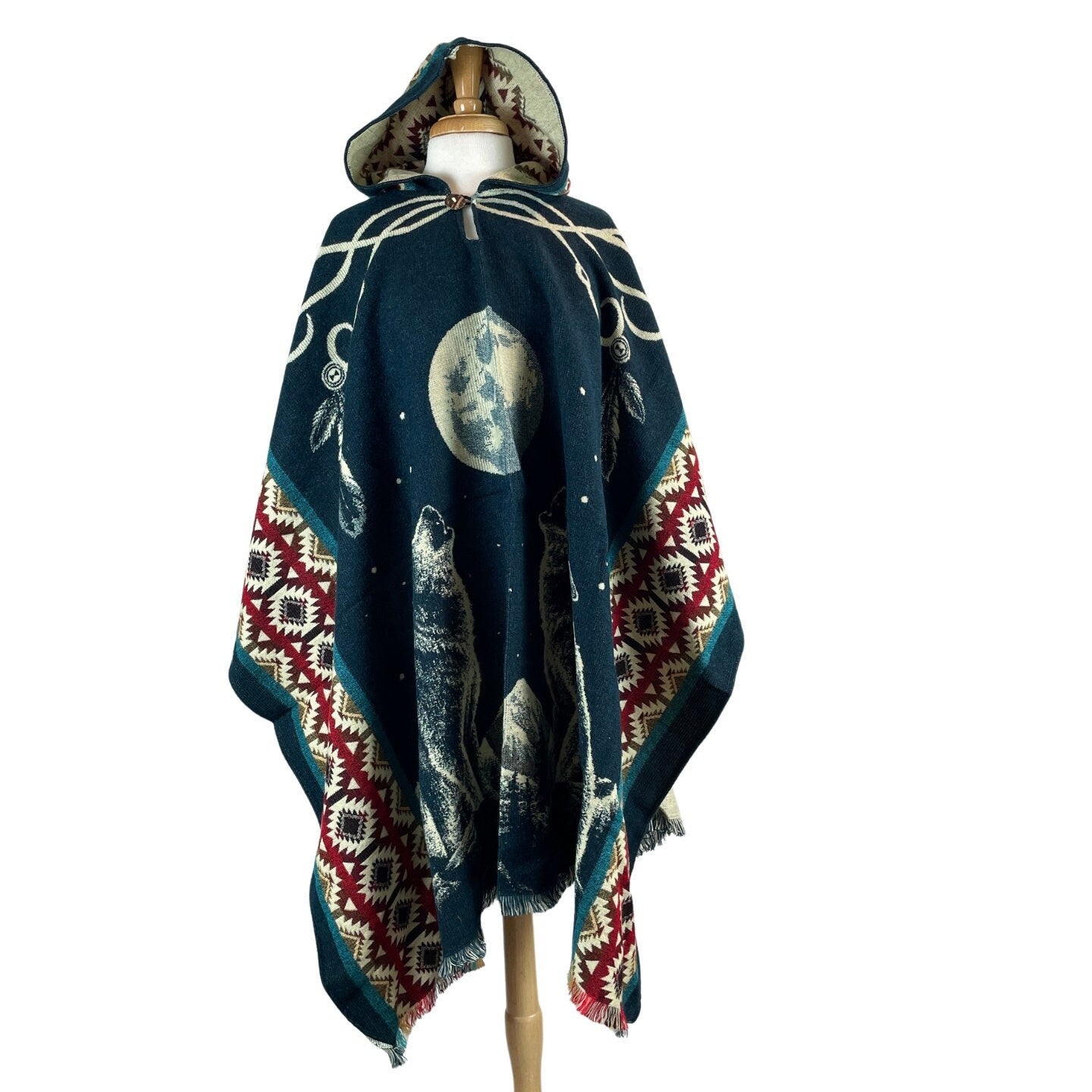 Two Wolves and Moon Poncho Hoodie | Demin Blue
