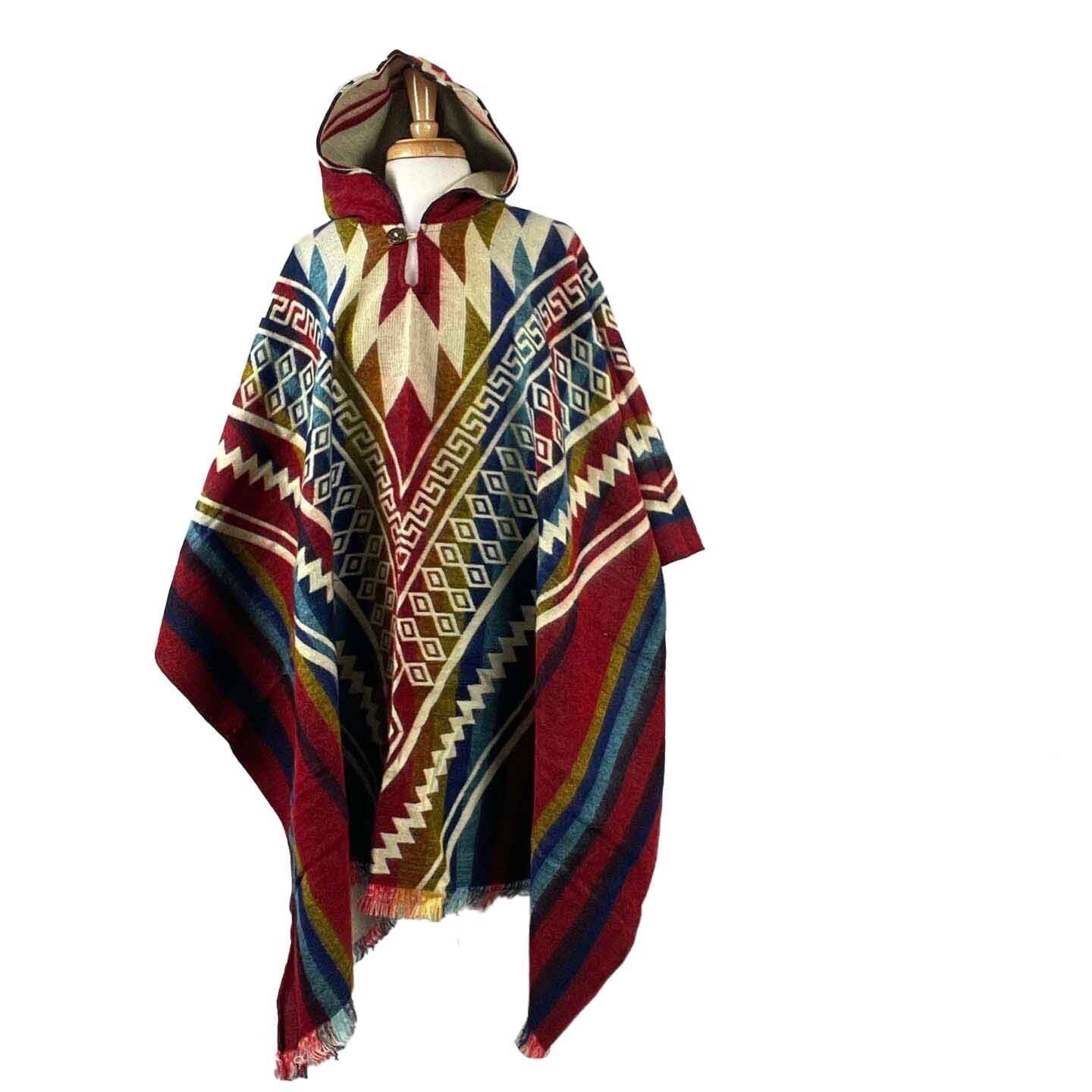 Unisex Hippie Hooded Poncho | Red Colorful