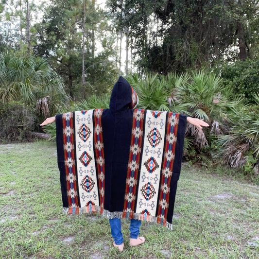 Warm Hooded Alpaca Poncho for Women & Men | Navy Colorful