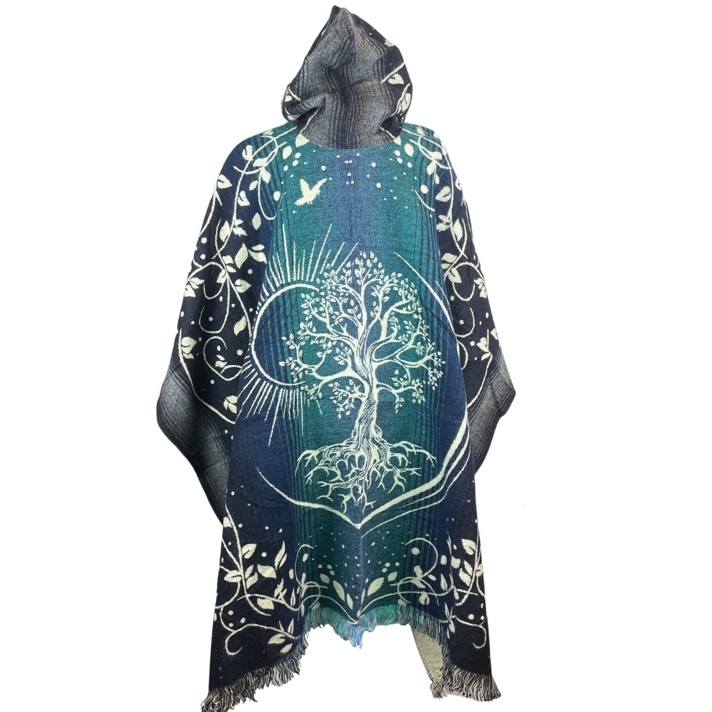 Tree of Life and Sun Warm Mens Alpaca Wool Poncho Ponchie | Dusty Blue