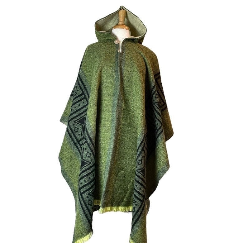 Mens Alpaca Wool Poncho Hoodie | Green Black
