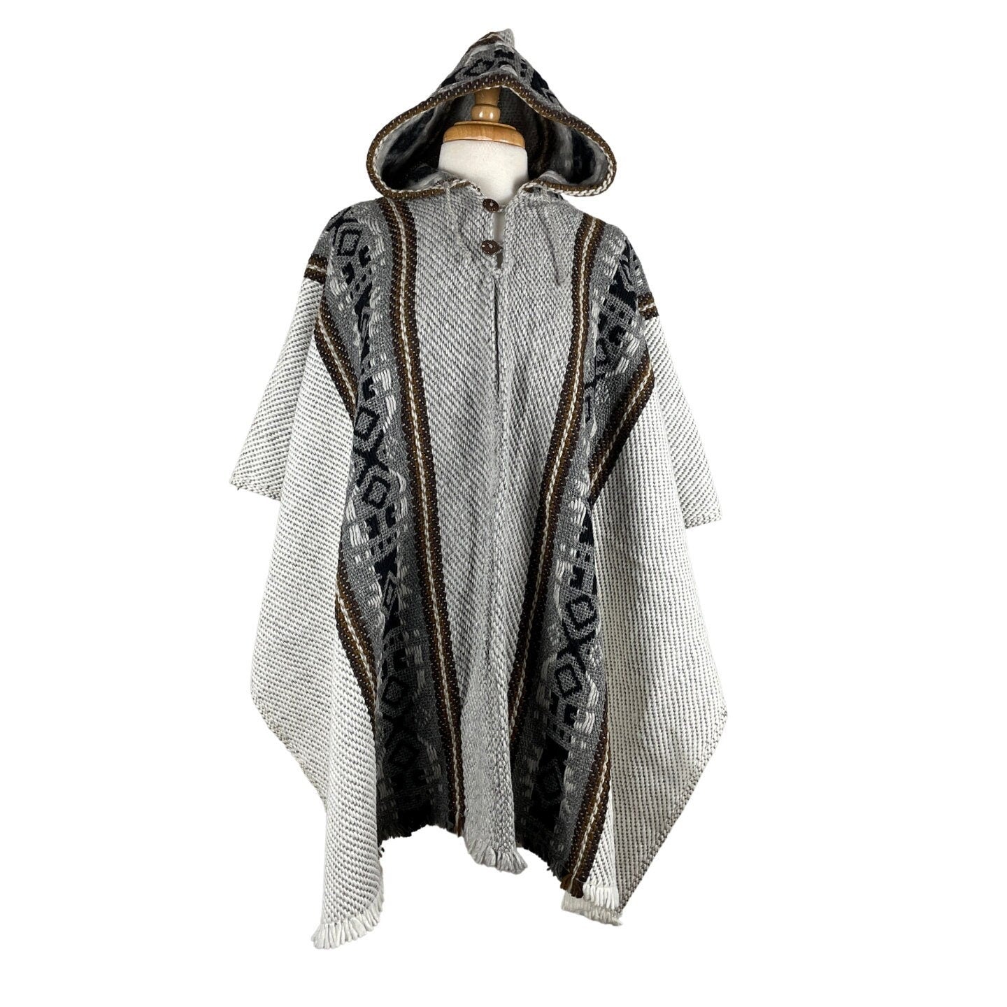 Weighted Hippie Hooded Sheep Wool Poncho | White Gray Brown
