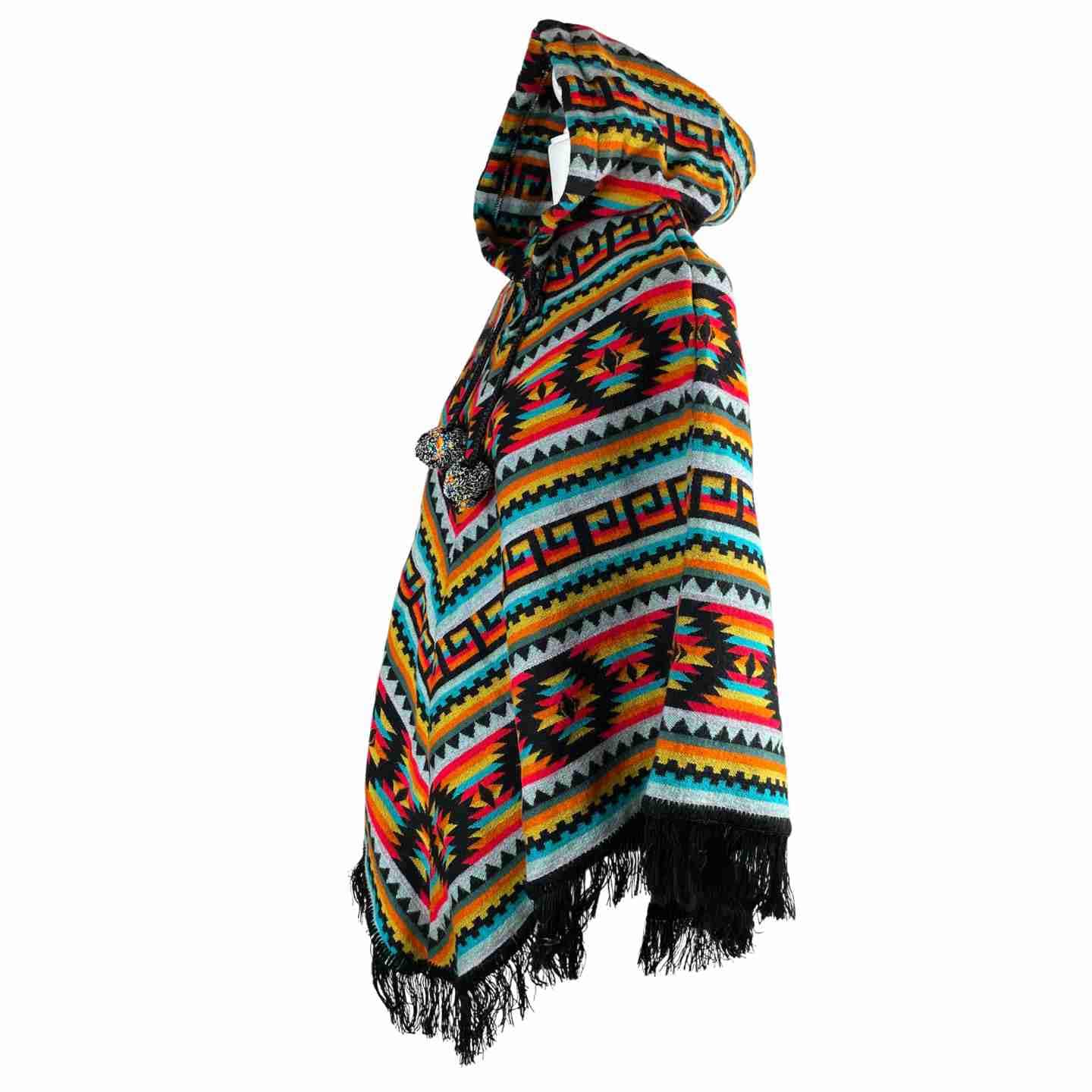 Lightweight Warm Boho Wool Hooded V Style Poncho - Black Colorful