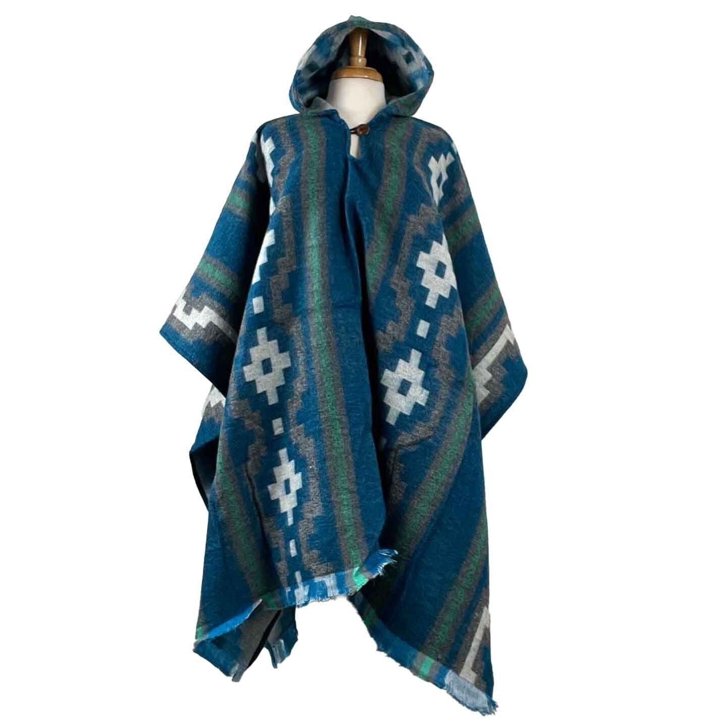 Versatile Hooded Boho Hippie Poncho | Blue Teal Gray