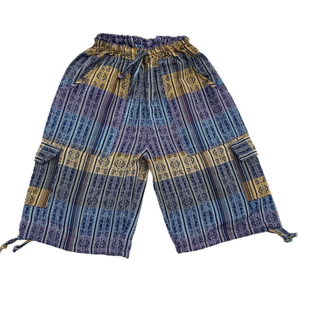 Unisex Woven Boho Cargo Shorts Size L | Hippie Shorts | Tribal Shorts | Lavender Yellow Light Blue