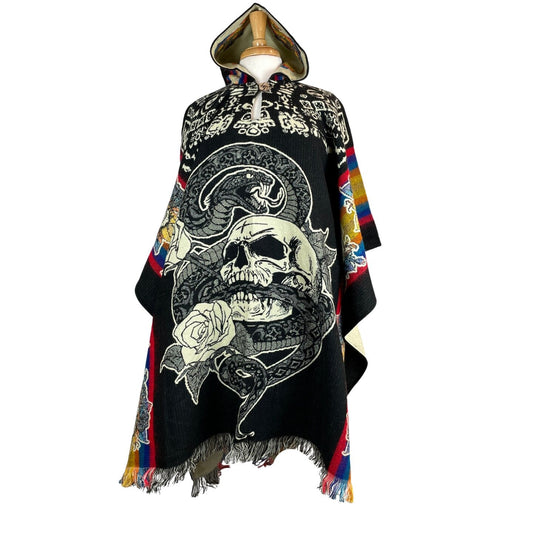 Skull Snake Roses Mens Poncho Hoodie | Black - Brown - Gray - Teal