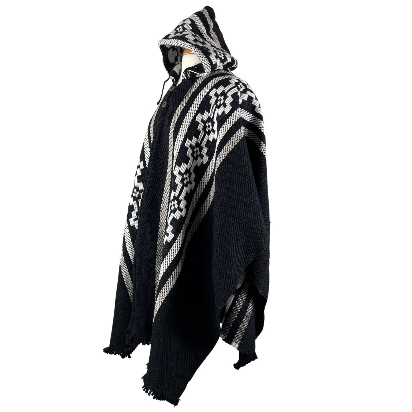 Weighted Hippie Hooded Sheep Wool Poncho | Black White