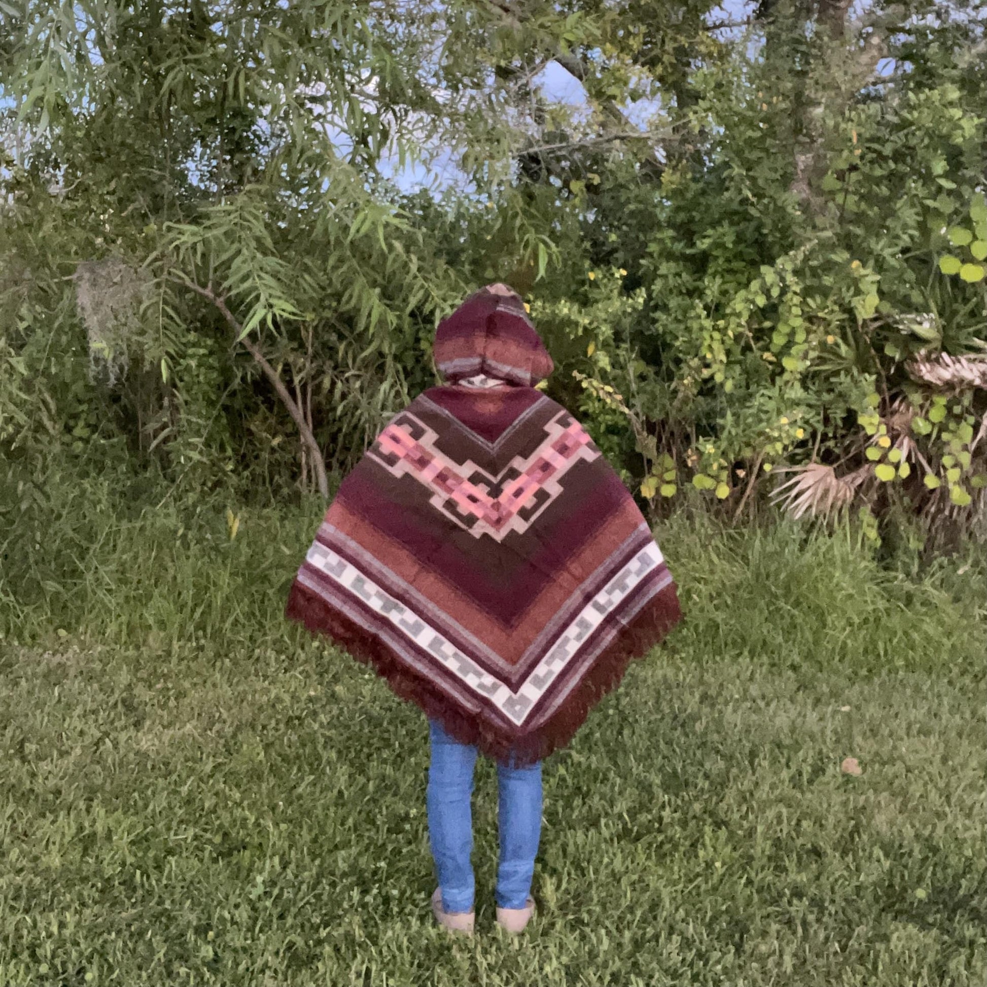 V Shaped Style Hooded Poncho with Fringes | Brown Maroon