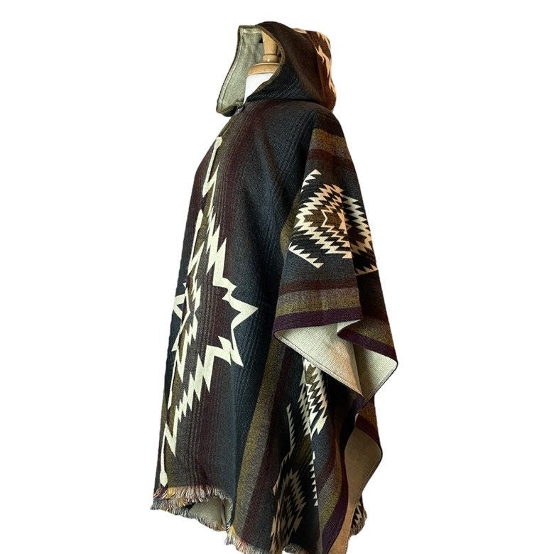 Unisex Hooded Alpaca Poncho | Wool Poncho Women | Hippie Cape | Mens Poncho Hoodie | Dark Brown Beige