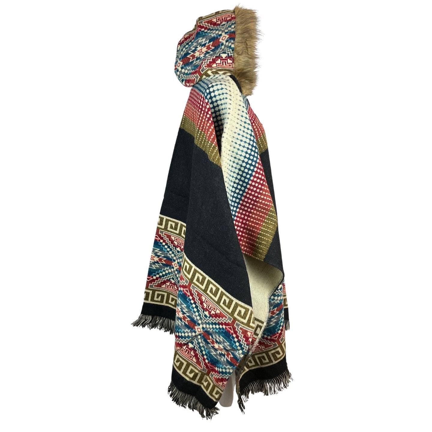 Faux Fur Hooded Hippie Poncho | Black Olive Colorful