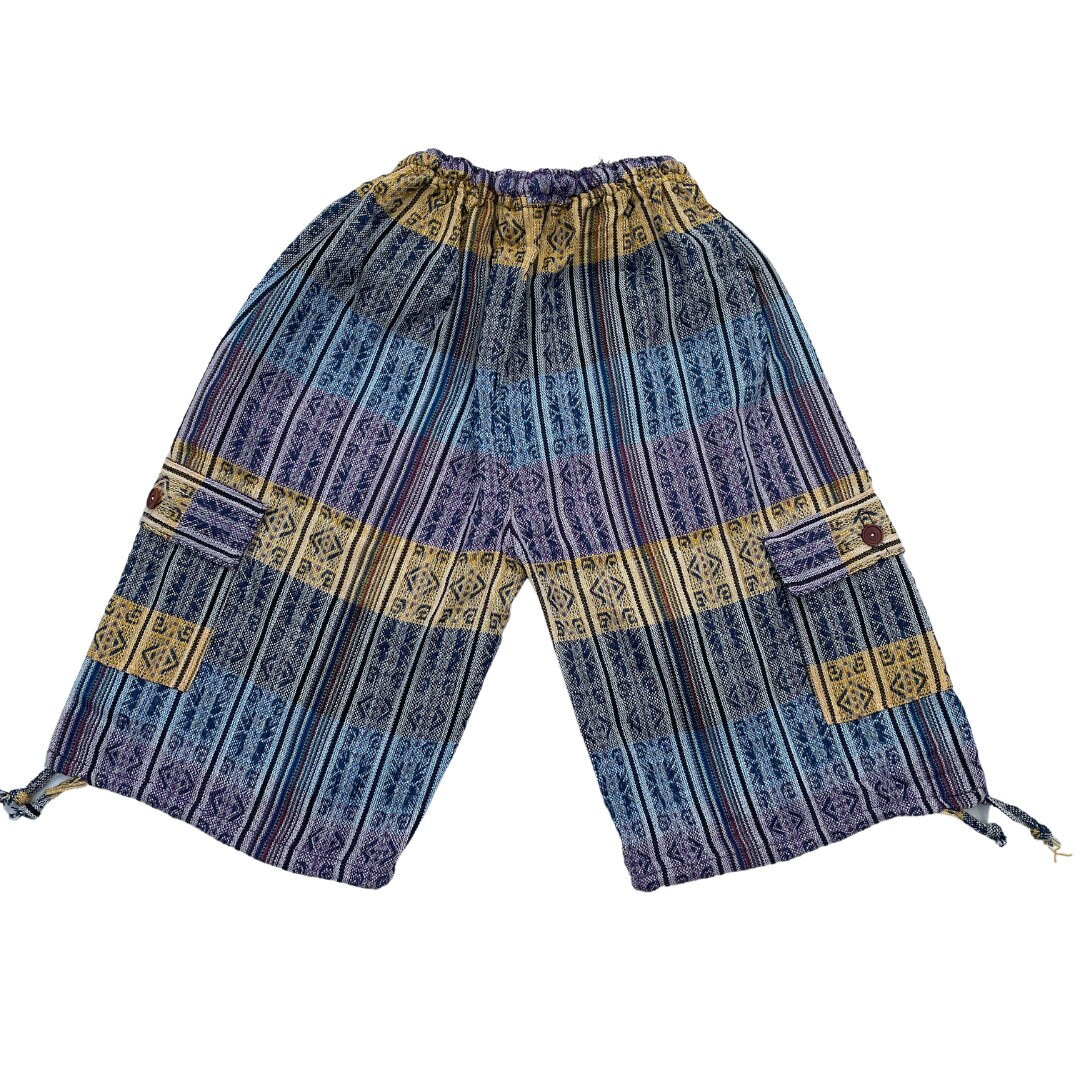 Unisex Woven Boho Cargo Shorts Size L | Hippie Shorts | Tribal Shorts | Lavender Yellow Light Blue